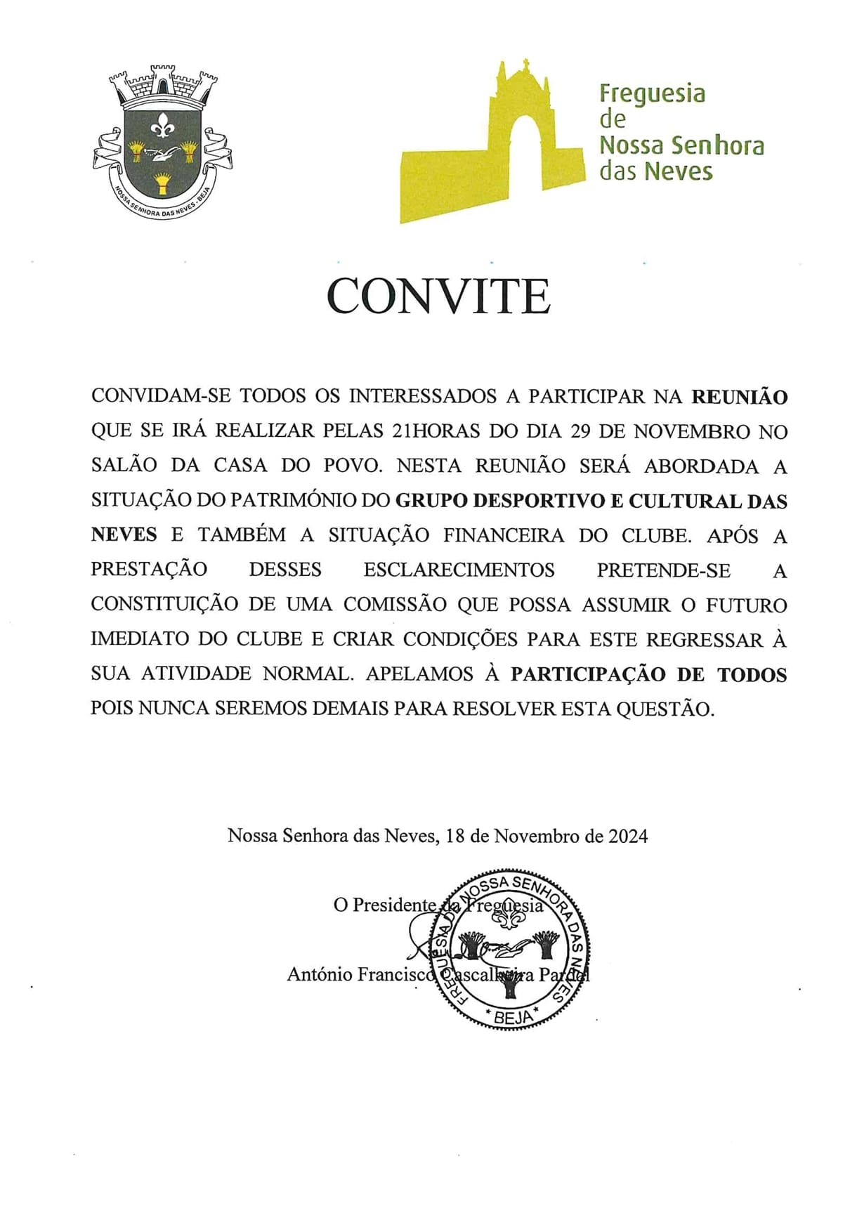 Convite: Reunião sobre o Grupo Desportivo e Cultural das Neves