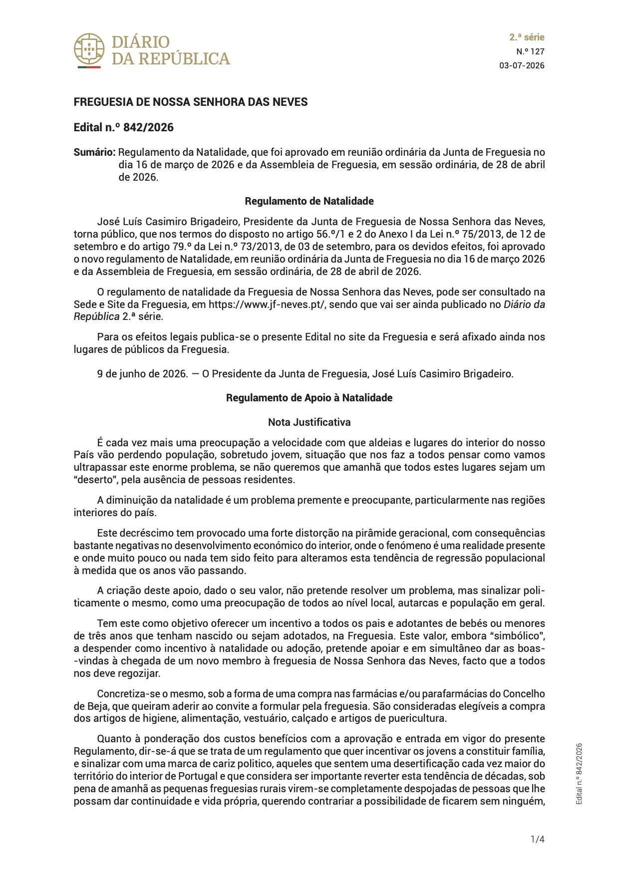 Regulamento de Natalidade da Freguesia de Nossa Senhora das Neves