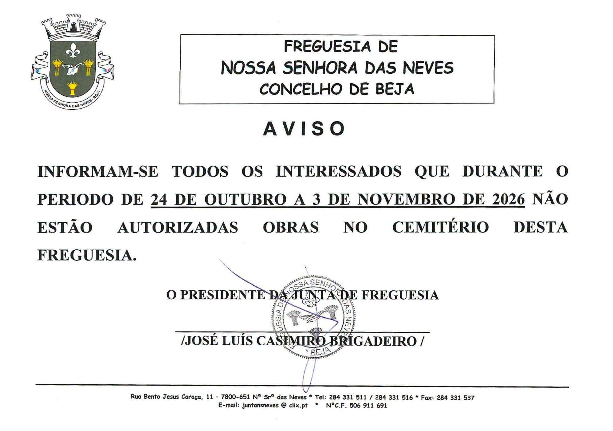 Aviso: Cemitério da Freguesia